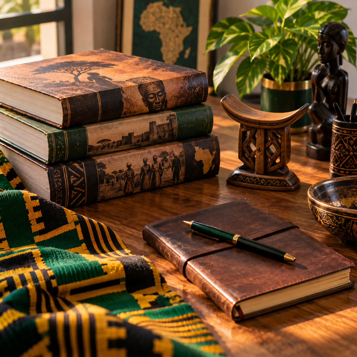 A collection of African history books, kente cloth and symbols of Pan-African heritage arranged on a wooden desk.