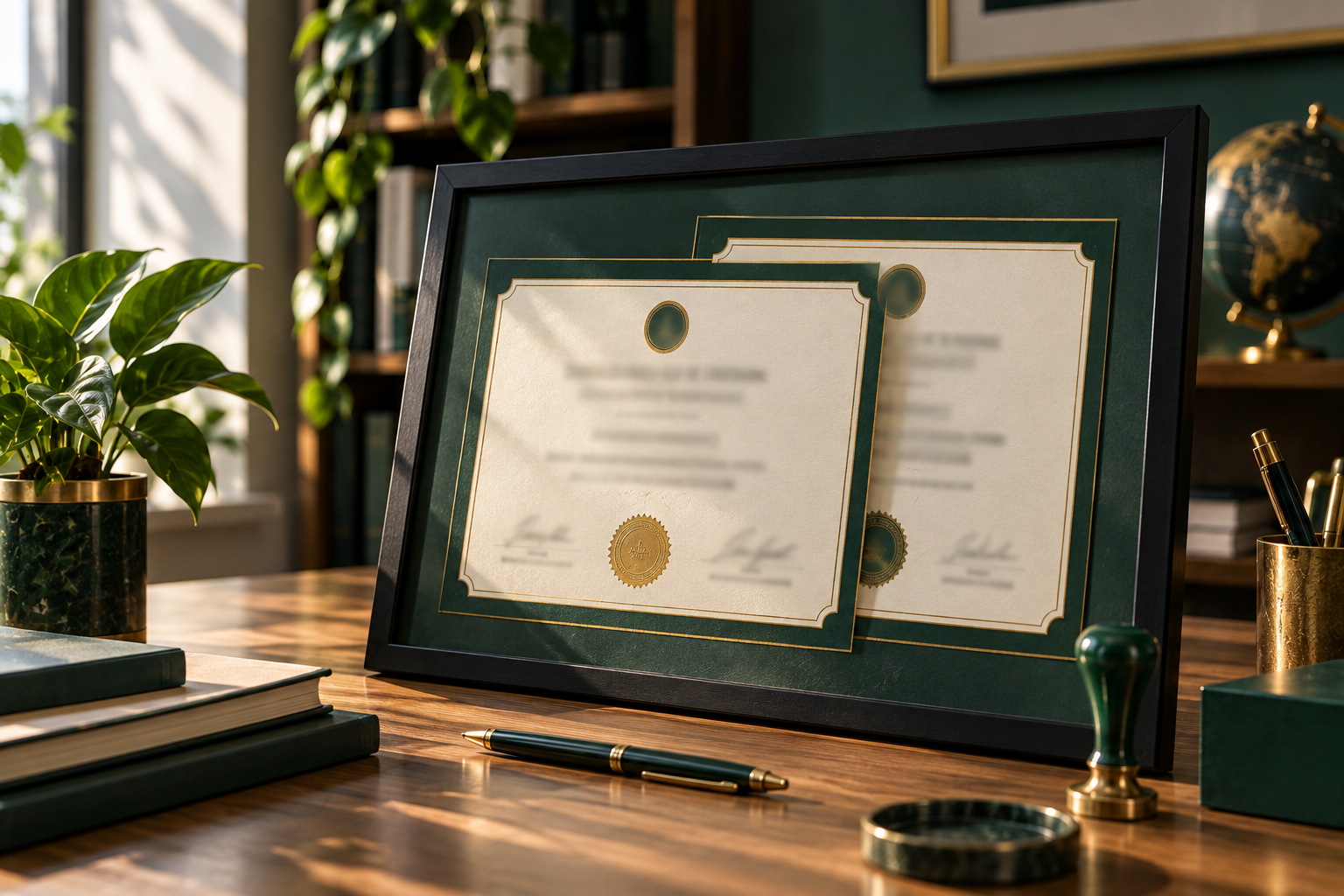 A framed certificate mock-up on a desk, highlighting the two certificates earned from the Foundation course.