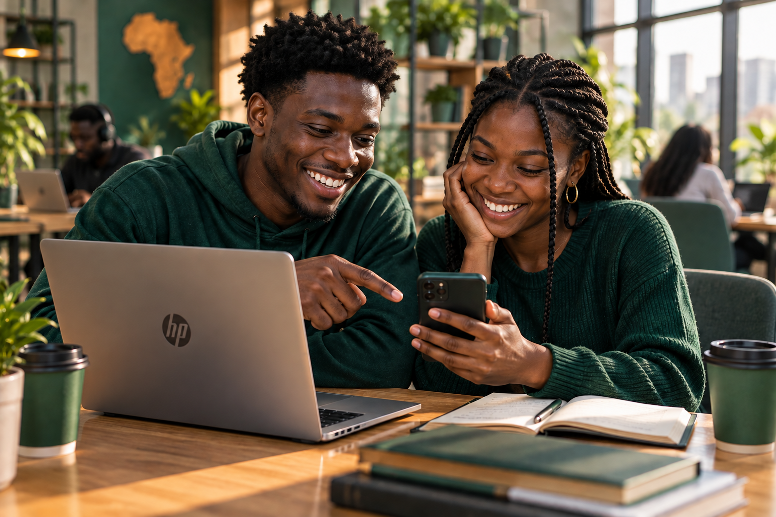 African students smiling over a laptop and phone showing a lively community feed with posts, likes and comments.