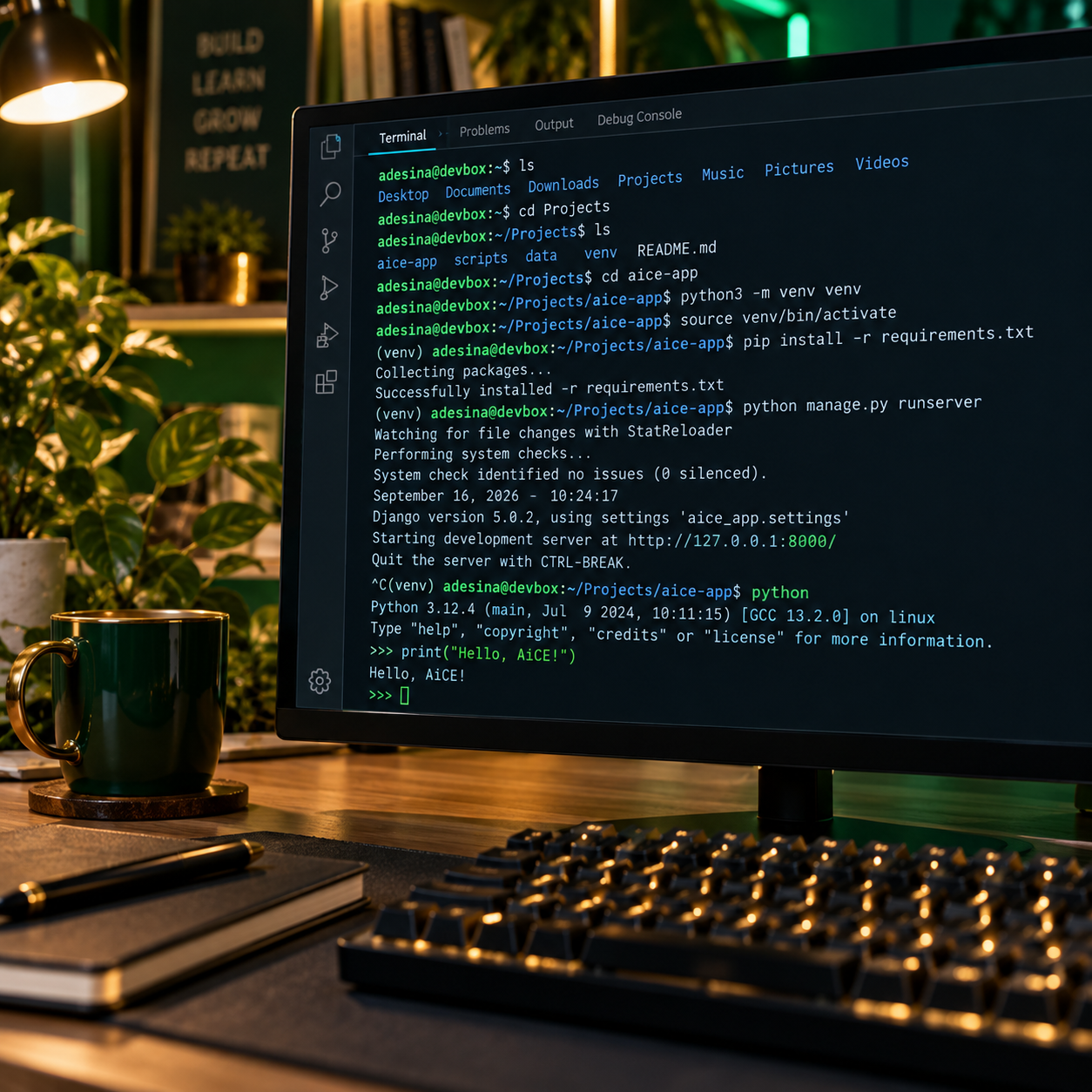 Close-up of a dark terminal window filled with Linux and Python commands, representing hands-on software engineering training.