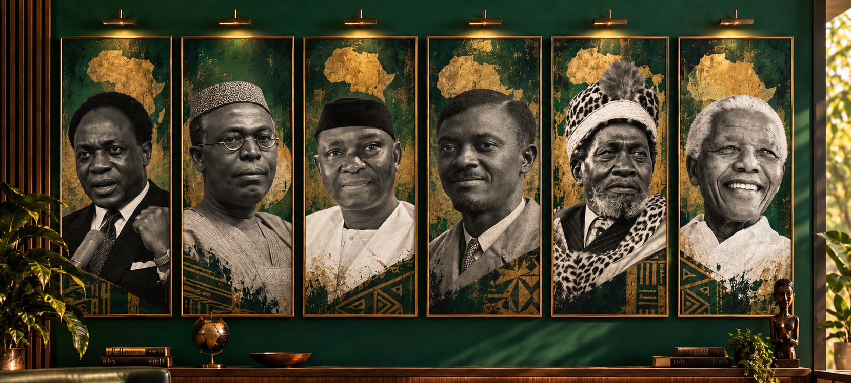 Artistic portrait wall of Pan-African heroes Nkrumah, Awolowo, Azikiwe, Lumumba, Kenyatta and Mandela whose ideologies shape the Africanism curriculum.