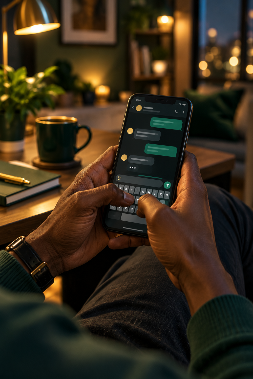 Hands holding a phone glowing with real-time chat message bubbles, representing private messaging between community members.